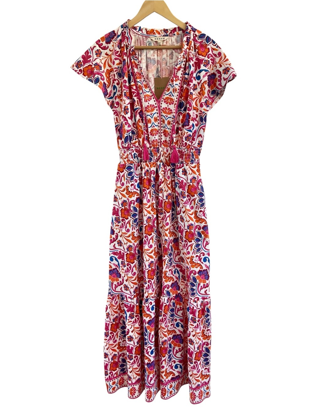 Boden Tala Tiered Jersey Maxi Dress US 2R NWT Cotton Tassel Floral Pink Orange